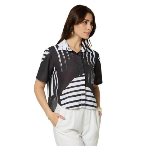 Rayon Printed Collared Crop Shirt